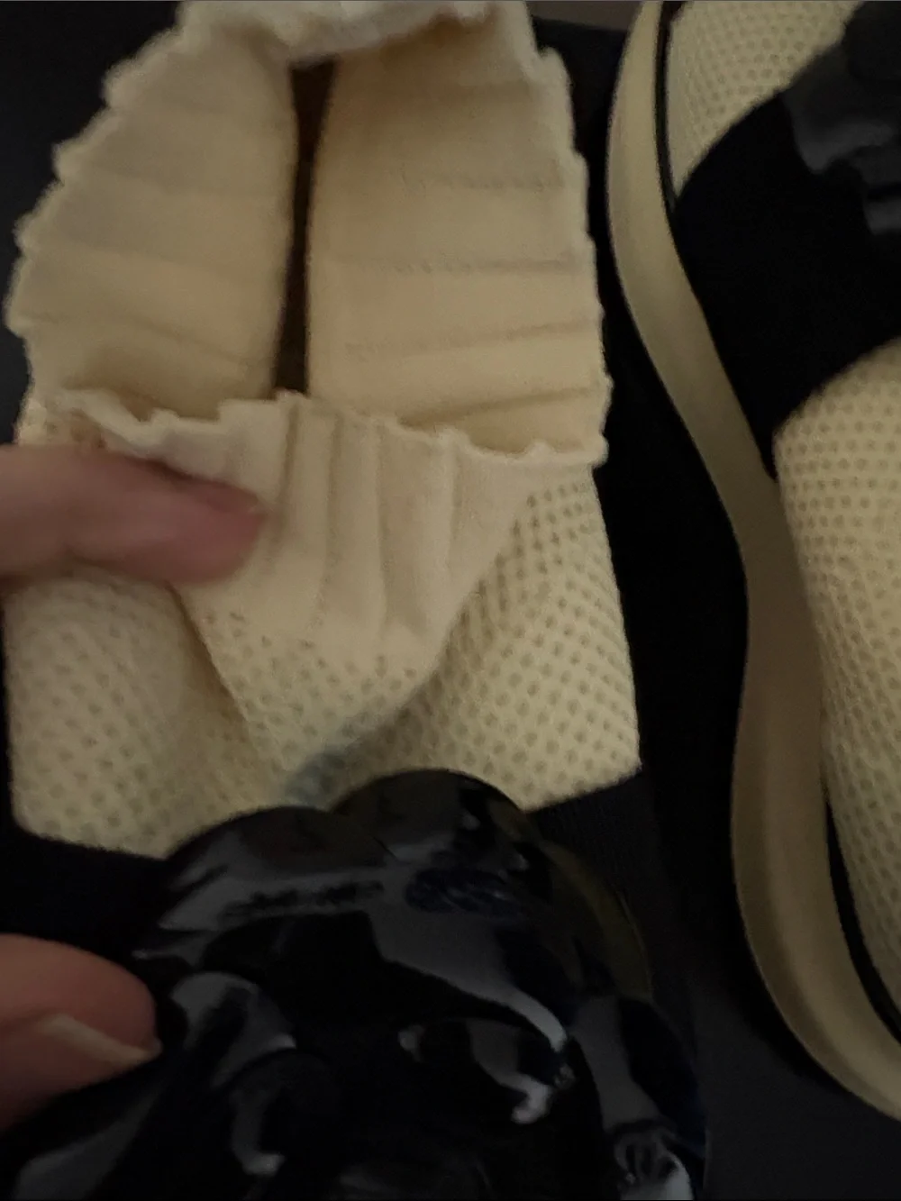 CHANEL Cream Knit Slip-On Sneakers with Black Camellia sz39.5